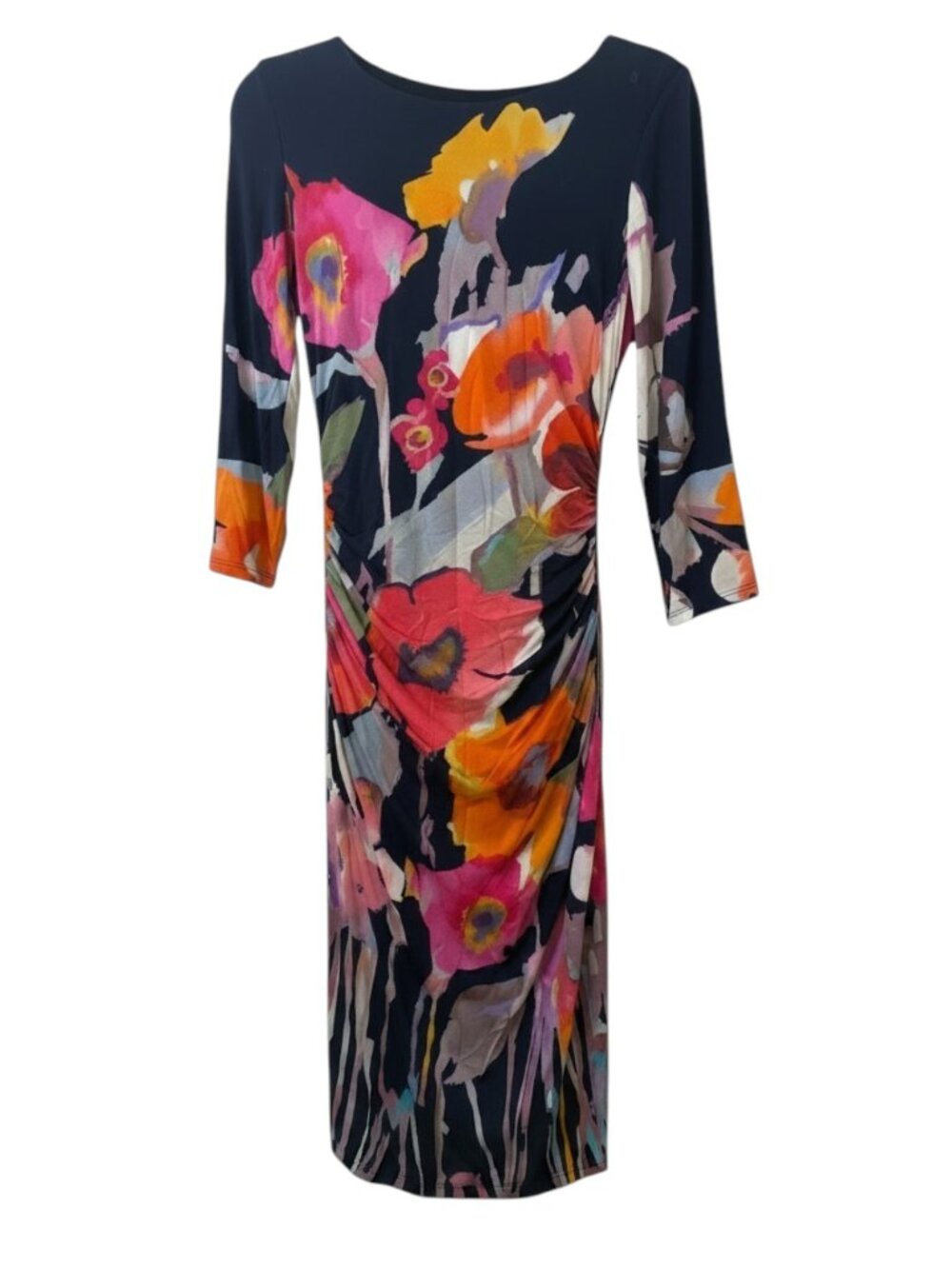 NWT Kay Unger Navy Watercolor Floral Sheath Dress Midi Ruched Sz 2 Org $340 - Picture 2 of 4